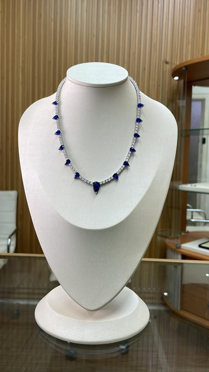Colar Riviera Gotas de Safira Azul Rodinadas
